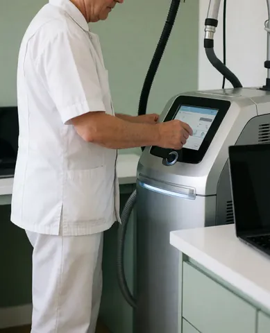 Un homme en uniforme blanc règle l'écran tactile d'un appareil de dépilation laser dans un salon de beauté moderne.