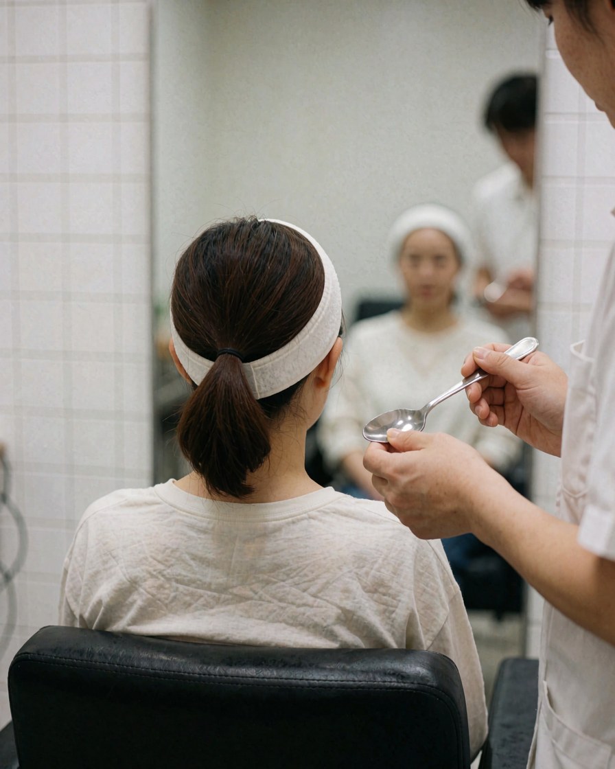 Une cliente avec un bandeau blanc reçoit un traitement facial à l'aide d'une spatule dans un salon aux murs carrelés blancs.