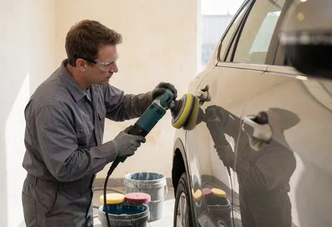 Un technicien portant des lunettes de protection utilise une ponceuse électrique pour polir un panneau de carrosserie dans un atelier lumineux avec des seaux d'eau.