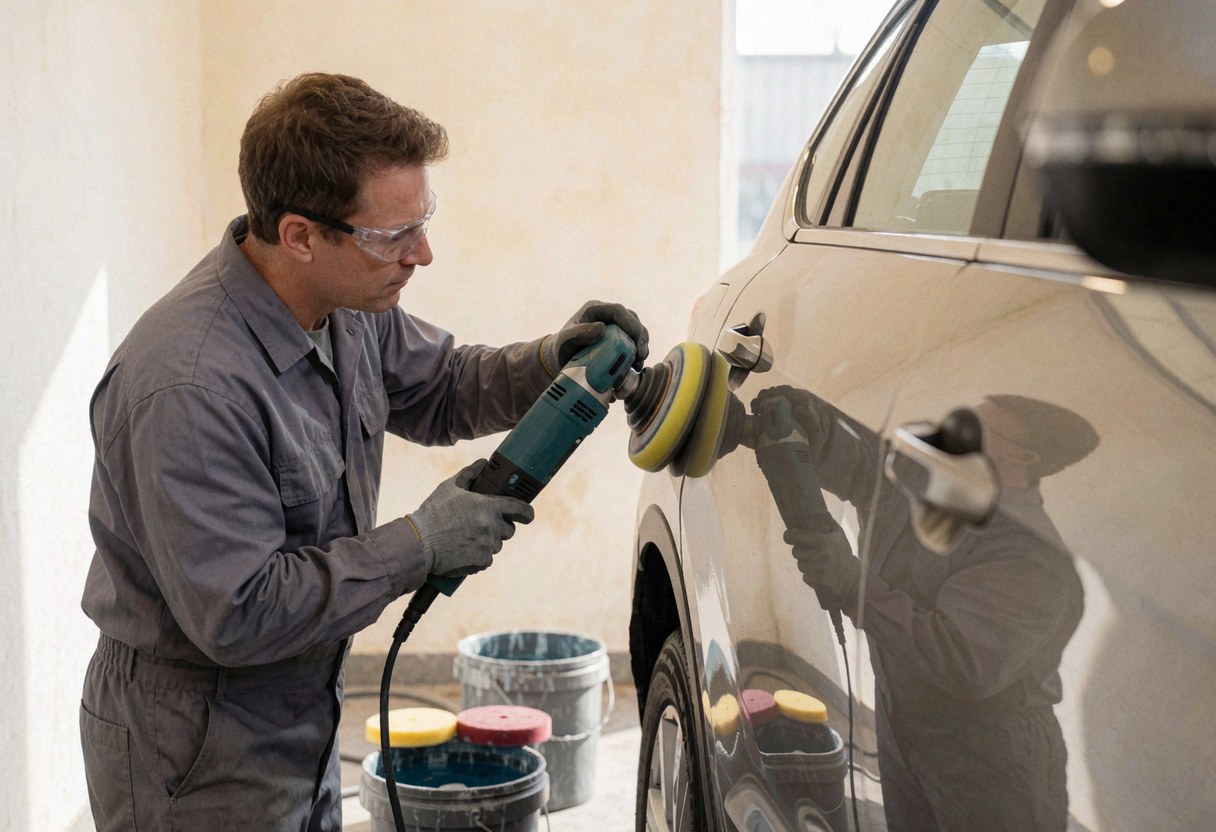 Un technicien portant des lunettes de protection utilise une ponceuse électrique pour polir un panneau de carrosserie dans un atelier lumineux avec des seaux d'eau.