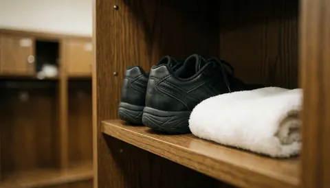 Chaussures de volley-ball noires et serviette blanche roulée posées sur une étagère en bois avec des casiers de sport en arrière-plan flou