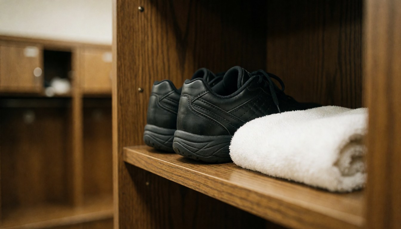 Chaussures de volley-ball noires et serviette blanche roulée posées sur une étagère en bois avec des casiers de sport en arrière-plan flou