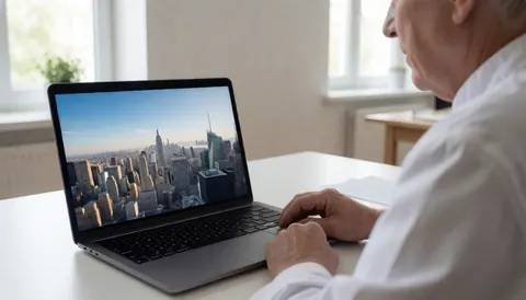 Adulte utilisant un ordinateur portable à écran panoramique dans un bureau moderne baigné de lumière naturelle avec un espace de travail épuré.