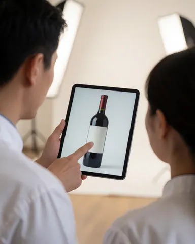 Une cliente vérifie la photo d'une bouteille de vin sur une tablette dans un studio avec éclairage professionnel et fond blanc.
