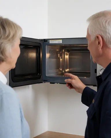 Un technicien montre à un client l'intérieur propre d'un four micro-ondes dans une cuisine aux murs blancs et à la lumière vive.