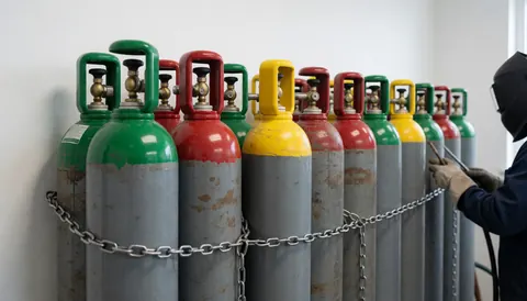 Un soudeur équipé d'un casque et de gants de protection travaille près d'une rangée de bouteilles de gaz aux bouchons verts, rouges et jaunes dans un entrepôt industriel.