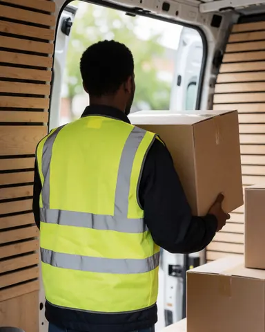 Vue arrière d'un travailleur portant un gilet de sécurité qui charge une boîte en carton dans le coffre d'une camionnette, dans un environnement de stockage avec des murs en bois.