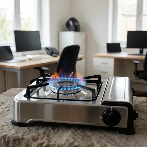 Réchaud de camping à gaz avec une flamme bleue visible posé sur une surface en pierre rustique, adapté pour la cuisson en extérieur lors de vos activités de plein air.