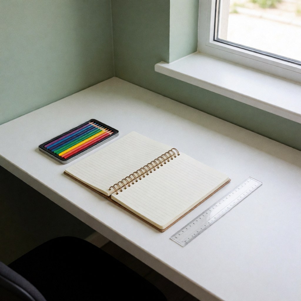 Cahier à spirales ouvert posé sur un bureau blanc, accompagné de crayons de couleur et d'une règle, baigné de lumière naturelle près d'une fenêtre.