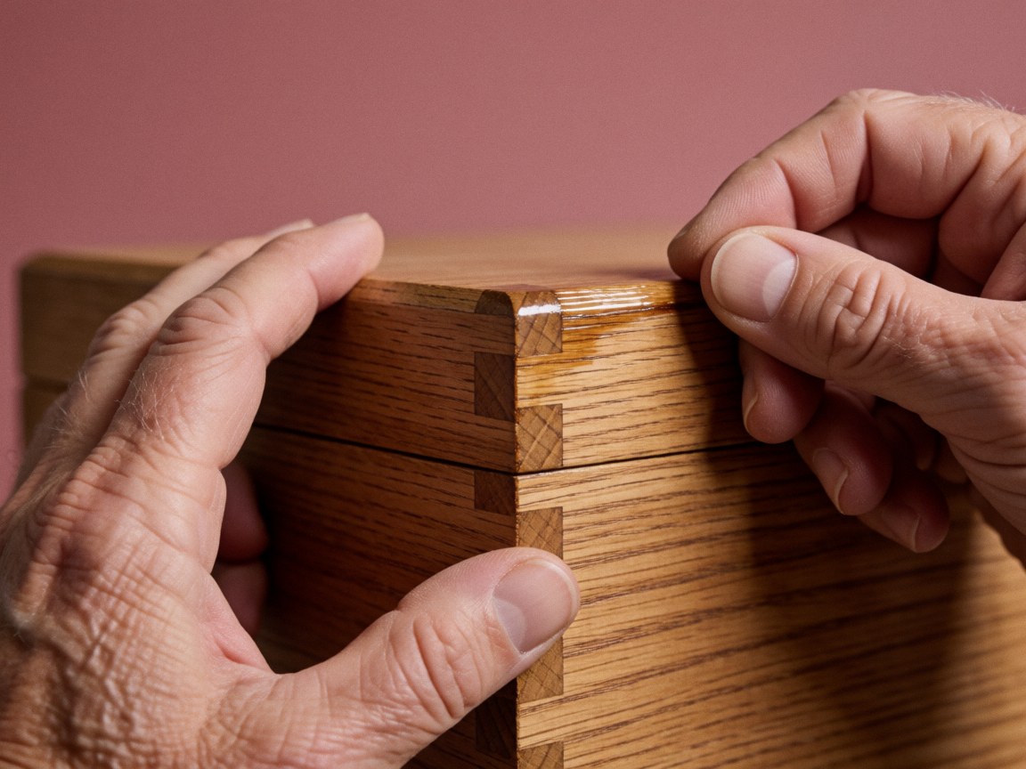 Gros plan de mains appliquant du vernis sur une jonction de bois avec biseau, détail de réparation de meubles sur fond rose