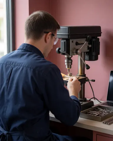 Menuisier portant des lunettes de sécurité travaillant sur une table de restauration avec un outil de précision, fond rose et lumière naturelle.