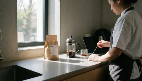 Vue arrière d'une personne préparant du café dans une cuisine moderne éclairée par la lumière naturelle, idéale pour une page d'accueil de location de vacances.
