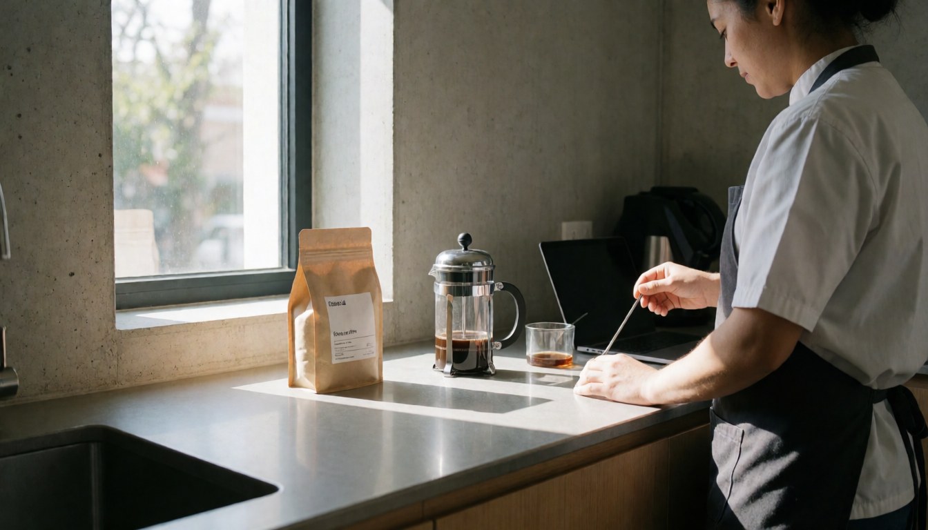 Vue arrière d'une personne préparant du café dans une cuisine moderne éclairée par la lumière naturelle, idéale pour une page d'accueil de location de vacances.