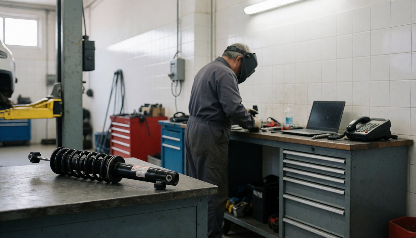 Mécanicien en atelier réparant un amortisseur automobile avec outils et chariot élévateur en arrière-plan sur fond de murs carrelés blancs.