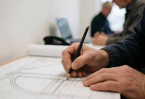Main d'adulte traçant des lignes de jointure sur un plan de bois posé sur une table blanche dans un bureau avec des professionnels en arrière-plan.