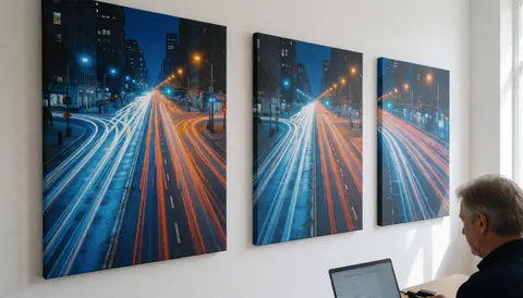 Un photographe cinétique travaille dans son studio avec trois toiles de traces lumineuses sur un mur blanc éclairé par la lumière naturelle.