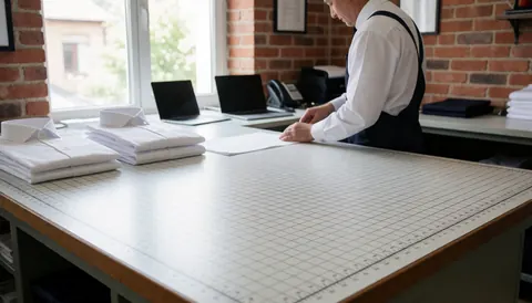 Vue d'un atelier de couture avec une table de coupe, du tissu blanc, un mur en briques, une lumière naturelle et une personne de dos travaillant.