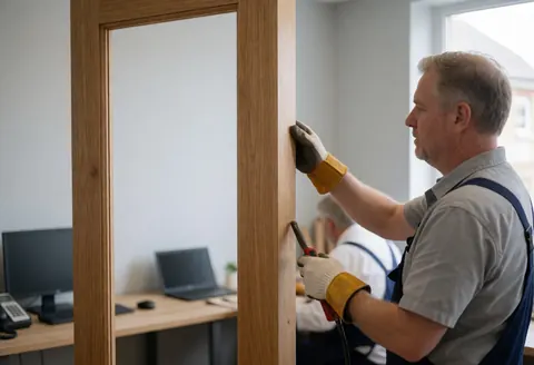 Un professionnel ajuste un cadre en bois dans un atelier avec des outils, des murs gris et une lumière naturelle.