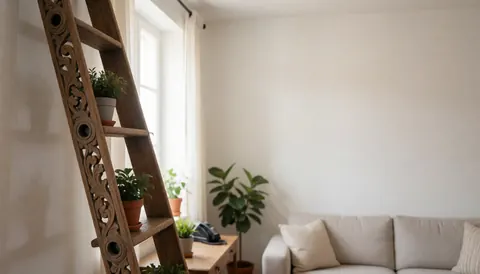 Un escalier en bois sculpté utilisé comme étagère pour des plantes dans un salon moderne avec un mur blanc et un canapé, baigné de lumière naturelle.