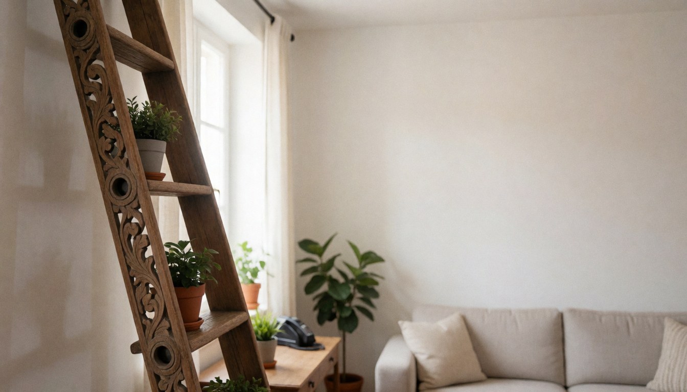 Un escalier en bois sculpté utilisé comme étagère pour des plantes dans un salon moderne avec un mur blanc et un canapé, baigné de lumière naturelle.