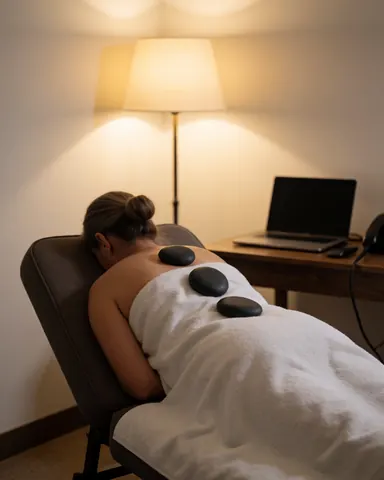 Cliente allongée sur une table de massage avec des pierres de basalte posées sur le dos, couverte d'une serviette blanche dans un espace lumineux.