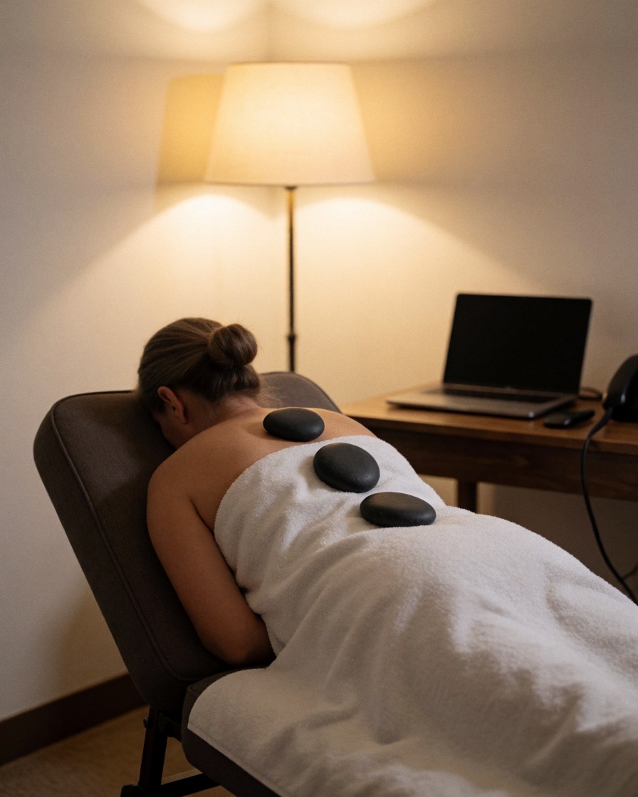 Cliente allongée sur une table de massage avec des pierres de basalte posées sur le dos, couverte d'une serviette blanche dans un espace lumineux.