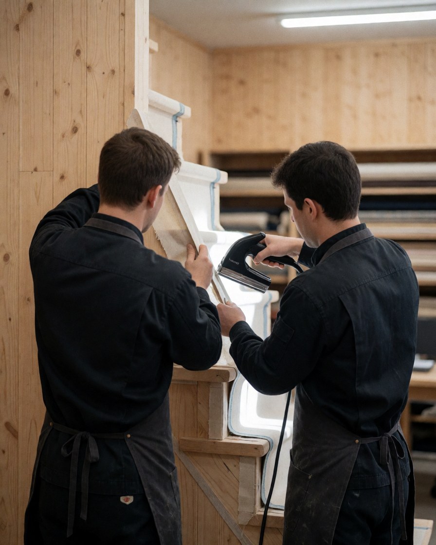 Deux tapissiers en uniforme et tablier utilisent un outil de chaleur sur une échelle en bois dans un atelier de menuiserie.