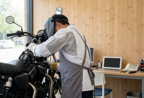 Mécanicien en tablier gris et gants réparant une moto dans un atelier aux murs en bois, dans un environnement propre et professionnel.
