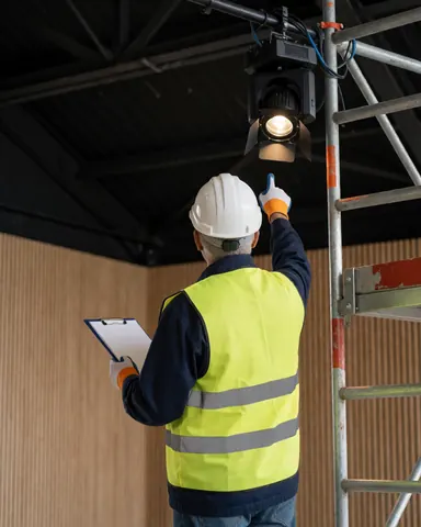 Un technicien en tenue de sécurité avec gilet et casque inspecte un projecteur installé sur un échafaudage dans un centre de spectacles aux murs en bois.