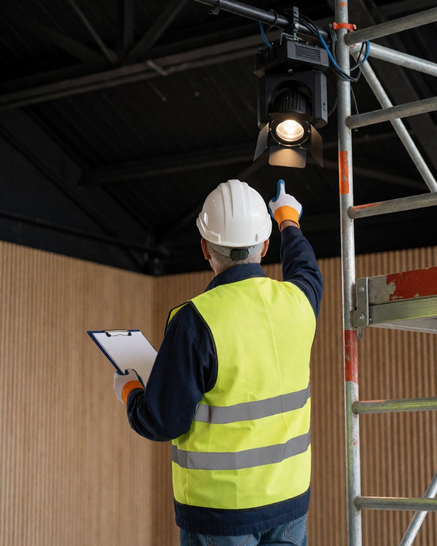 Un technicien en tenue de sécurité avec gilet et casque inspecte un projecteur installé sur un échafaudage dans un centre de spectacles aux murs en bois.