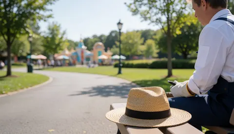 Employé assis sur un banc dans un parc d'attractions, avec des chemins et des attractions flous en arrière-plan sous la lumière du soleil.
