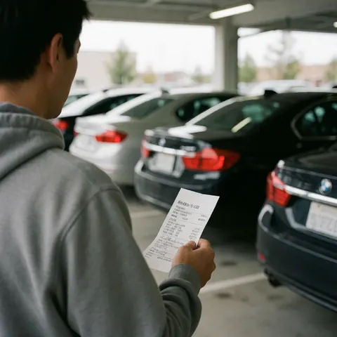 Vue arrière d'une personne tenant un reçu dans un parking avec plusieurs voitures stationnées en arrière-plan.