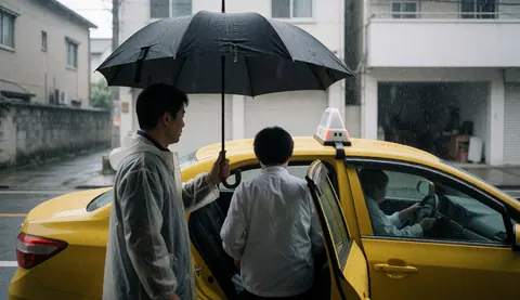 Un chauffeur de taxi tient un parapluie noir pour protéger un passager qui monte dans un véhicule jaune sur une rue mouillée par la pluie.