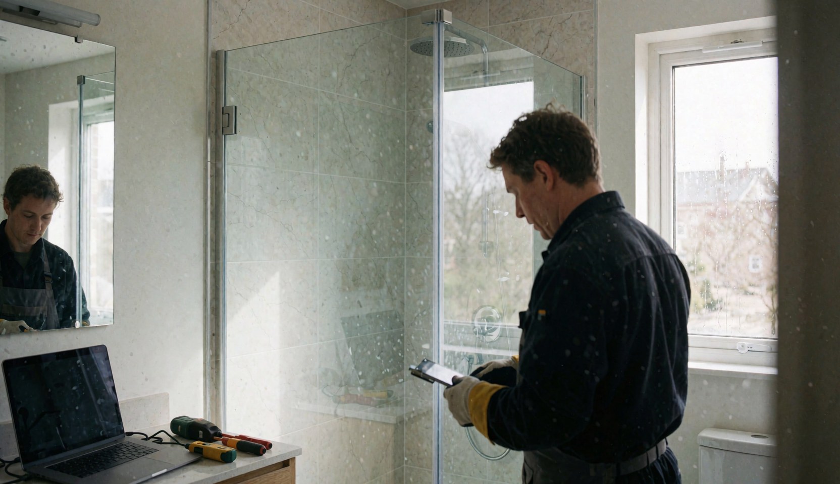 Un ouvrier pose une cabine de douche en verre transparent dans une salle de bain moderne, des outils et un ordinateur portable posés sur une table à proximité.