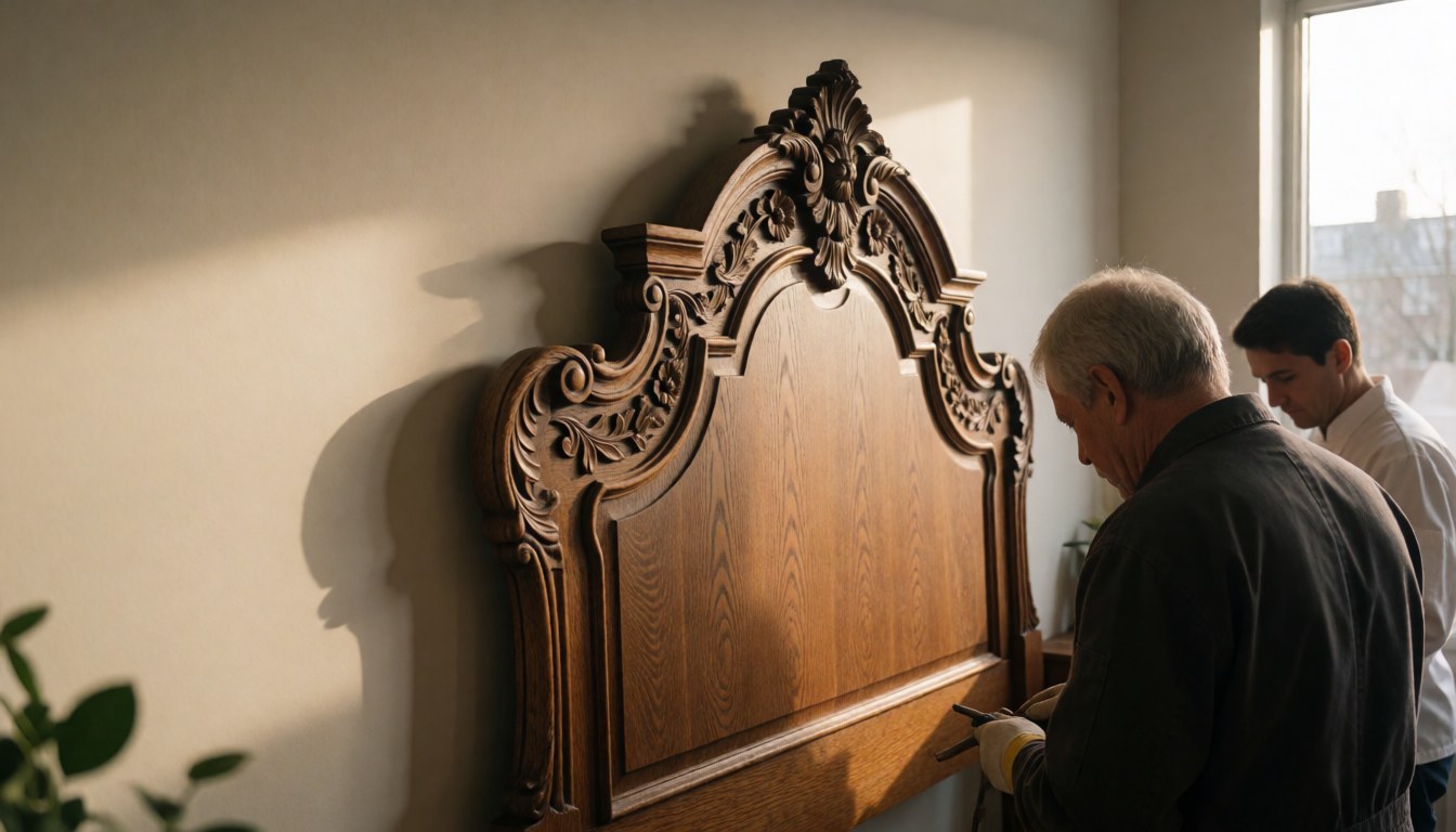 Un artisan sculpte une tête de lit en bois dans un intérieur éclairé par la lumière naturelle, sur un fond de mur beige, offrant un espace pour un titre.
