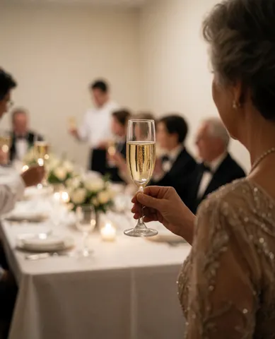Une femme âgée vêtue d'une robe élégante boit du champagne à une longue table dressée avec une nappe blanche et des centres de fleurs lors d'un événement formel.