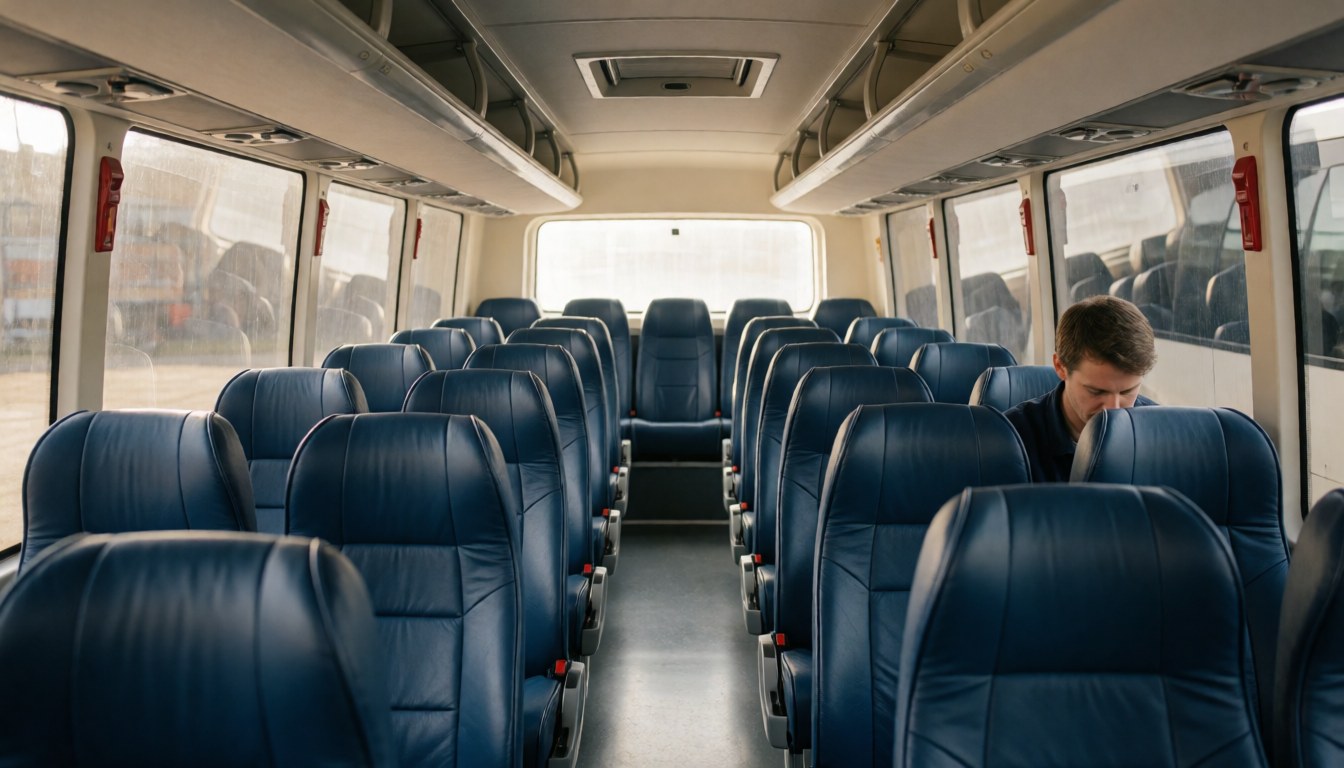 Vue intérieure d'un bus de tourisme montrant une rangée de sièges bleus, un couloir central et la lumière naturelle pénétrant par les grandes fenêtres.