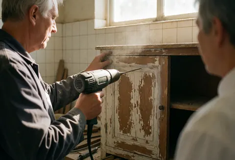 Un menuisier restaure un meuble ancien avec peinture écaillée à l'aide d'une perceuse électrique. Un client observe la scène depuis le côté droit dans un atelier lumineux aux murs carrelés.