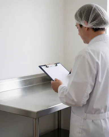 Un inspecteur en uniforme blanc examine une table en acier inoxydable brillant dans une usine industrielle, tenant un cahier d'inspection.