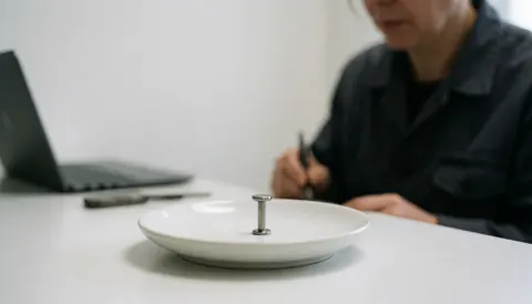 Un labret en titane posé sur une assiette blanche, avec un professionnel en arrière-plan dans un environnement clinique et une lumière douce.