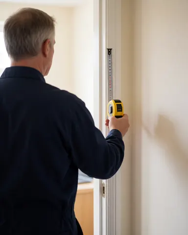 Un installateur professionnel utilise un mètre ruban pour mesurer la hauteur d'un encadrement de porte blanc dans une pièce aux murs clairs et à la lumière naturelle.