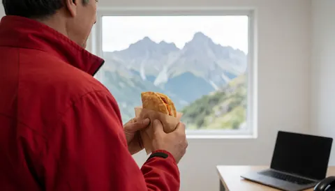 Un homme dans un refuge de montagne mange une empanada chaude en regardant le paysage à travers une fenêtre.