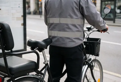 Conducteur de vélo-taxi portant un gilet réfléchissant, debout près de son vélo avec siège passager dans un arrêt de bus urbain.
