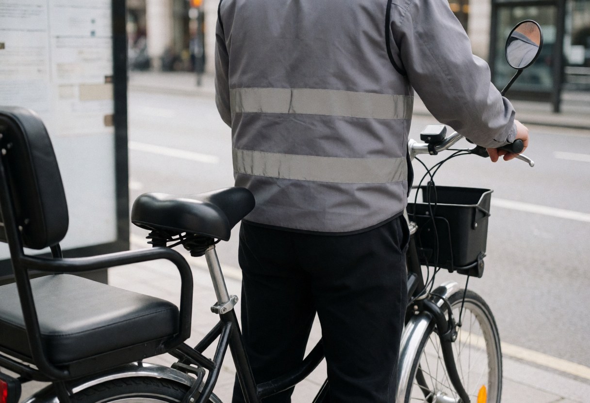 Conducteur de vélo-taxi portant un gilet réfléchissant, debout près de son vélo avec siège passager dans un arrêt de bus urbain.