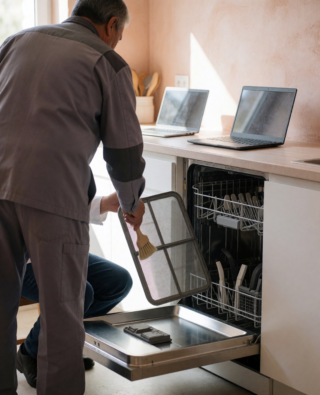 Un technicien professionnel utilise une brosse pour nettoyer un filtre de douche dans une cuisine claire et bien éclairée, illustrant un service de maintenance.