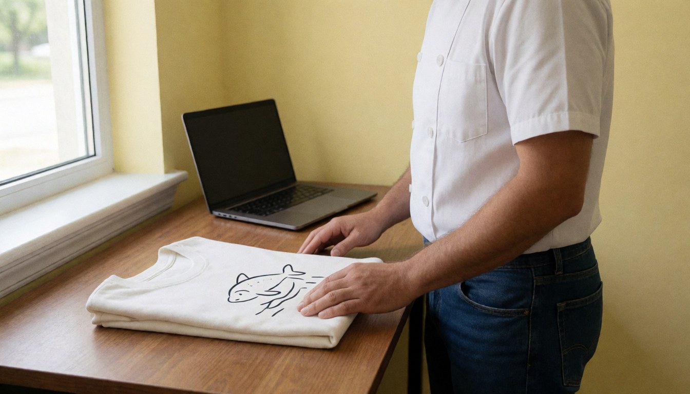 Un homme travaille près d'une fenêtre baignée de lumière naturelle, avec un t-shirt blanc plié orné d'un dessin animal sur une table en bois.