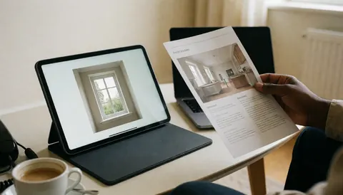 Une main tenant un prospectus de fenêtre avec un rendu sur une tablette, un café sur une table et des murs blancs chauds dans une scène de travail professionnel pour l'installation de fenêtres.