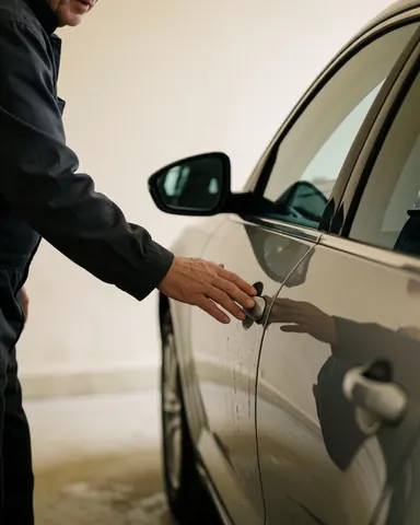 Une main touche la portière d'une voiture propre. Le reflet est visible sur la carrosserie brillante. Le sol et les murs de l'atelier sont également propres, soulignant la qualité du service.