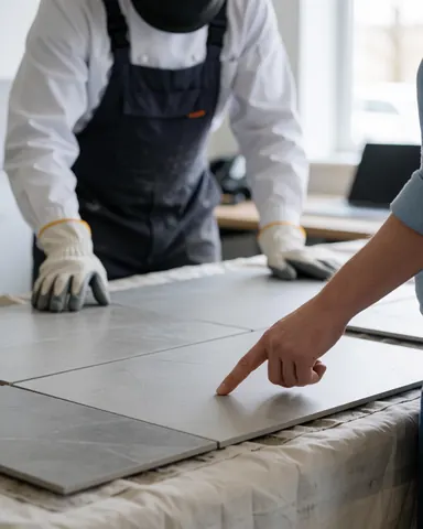Client indiquant un carreau gris sur une bâche de protection, installateur ganté en arrière-plan flou