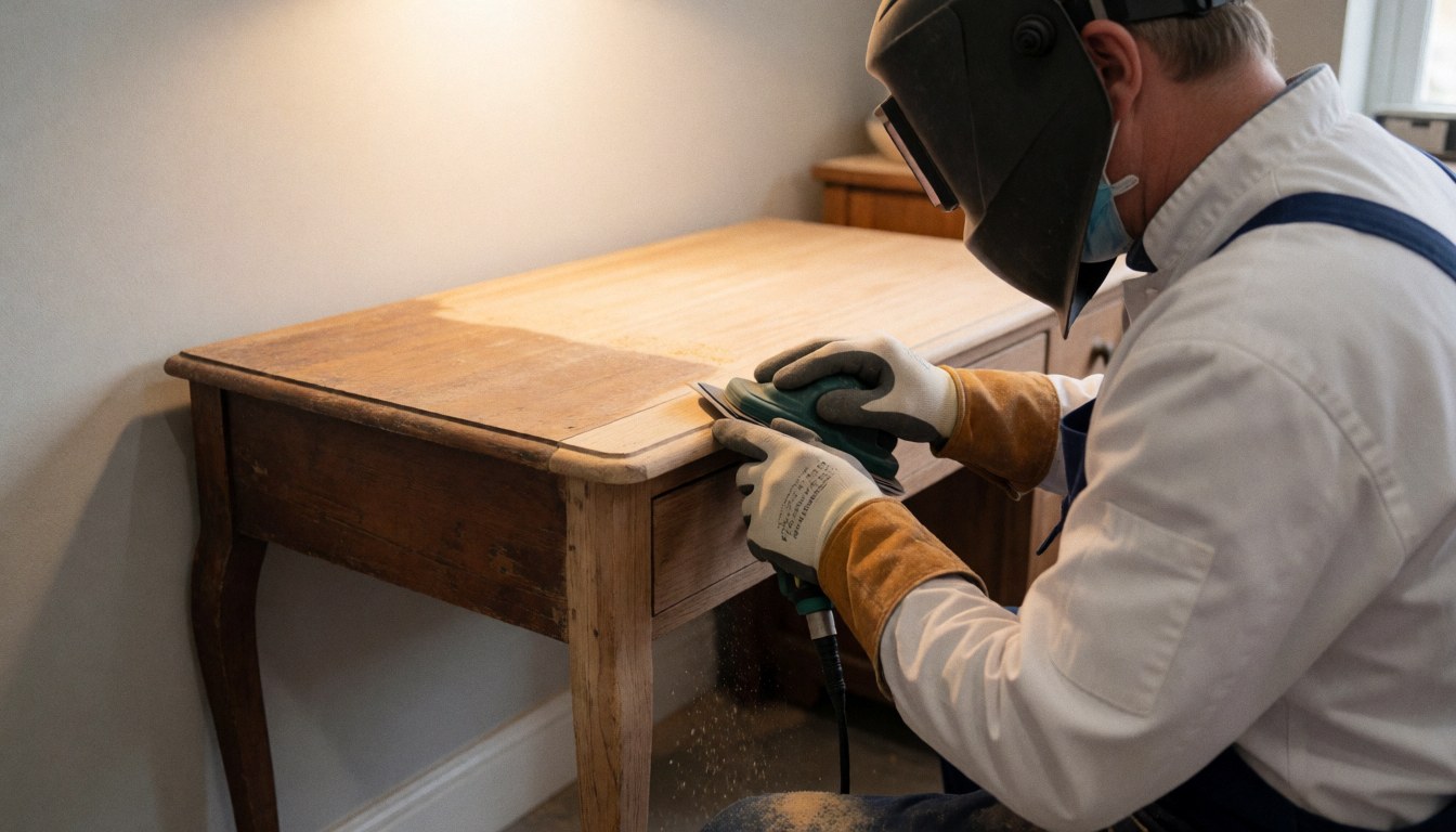 Un menuisier équipé d'un masque et de gants polit le bord d'une table en bois ancien dans un atelier bien éclairé avec des copeaux qui tombent.
